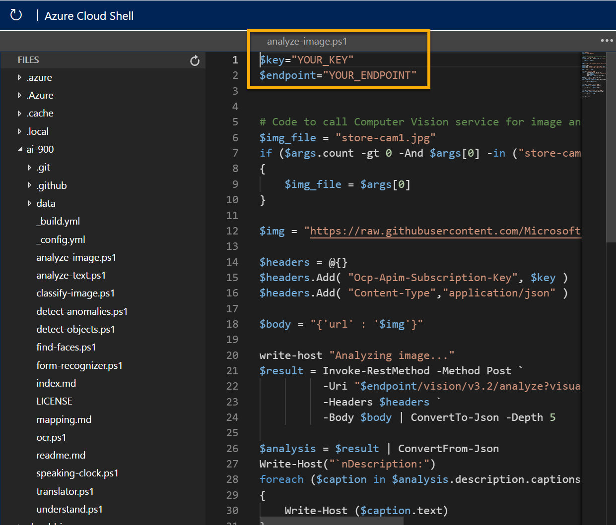 The editor containing code to analyze an image