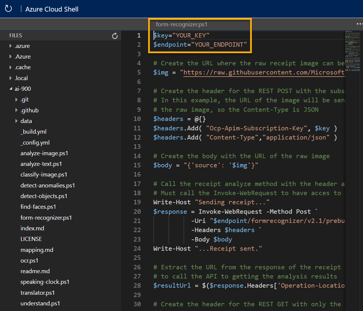 The editor containing code to analyze fields in a receipt.