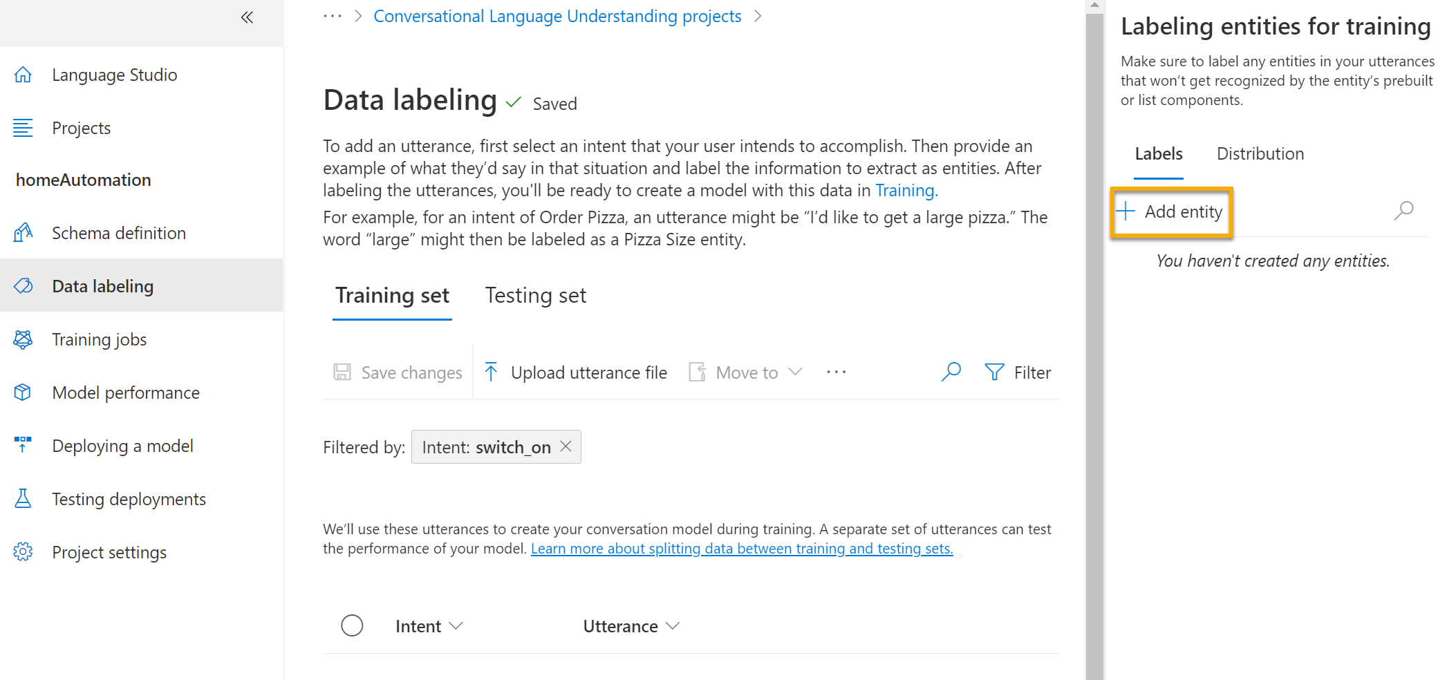 Add an entity by selecting Tags on the Tagging entities for training panel, then select Add entity.