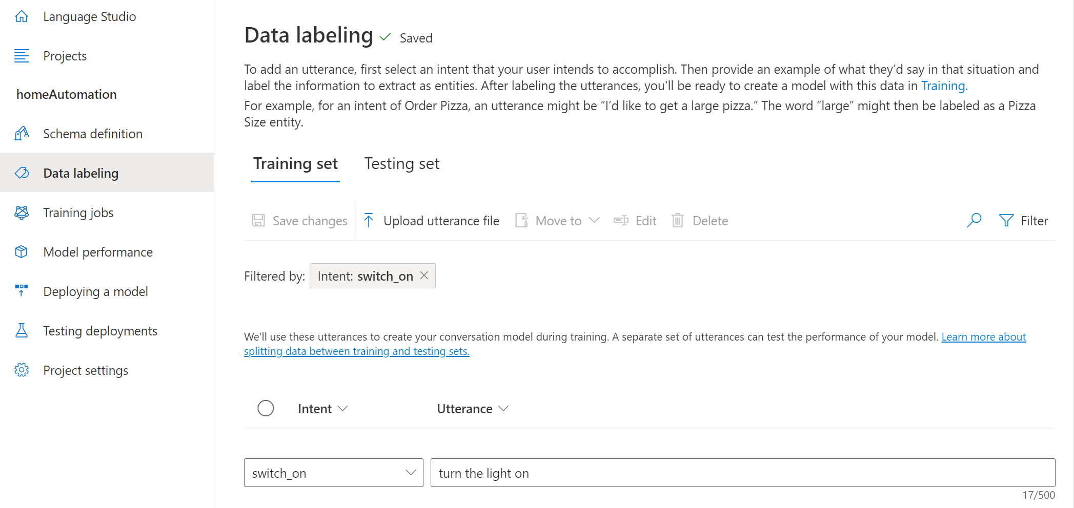 Add an utterance to the training set by typing in "turn the light on" under Utterance.