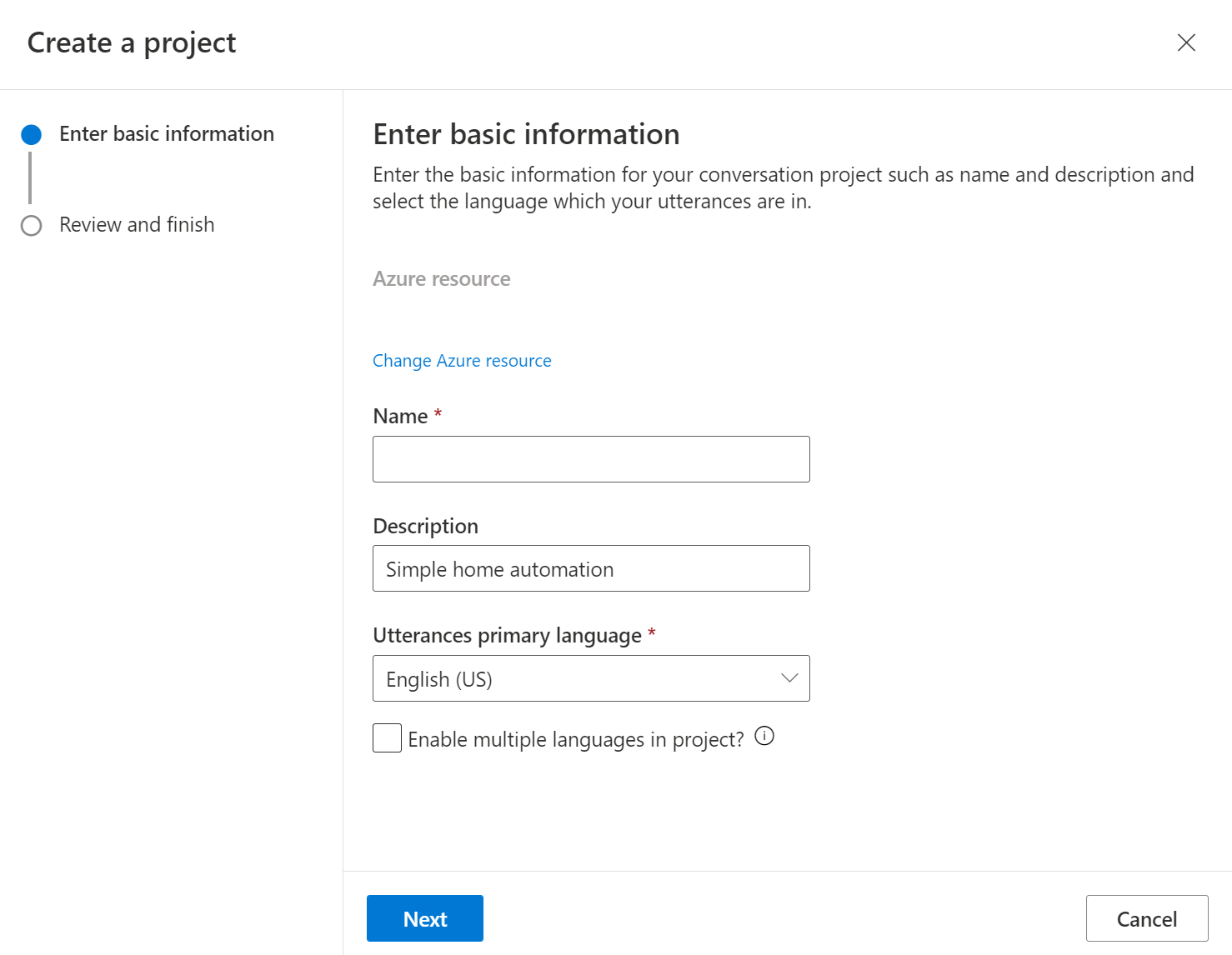 Enter details for the project.