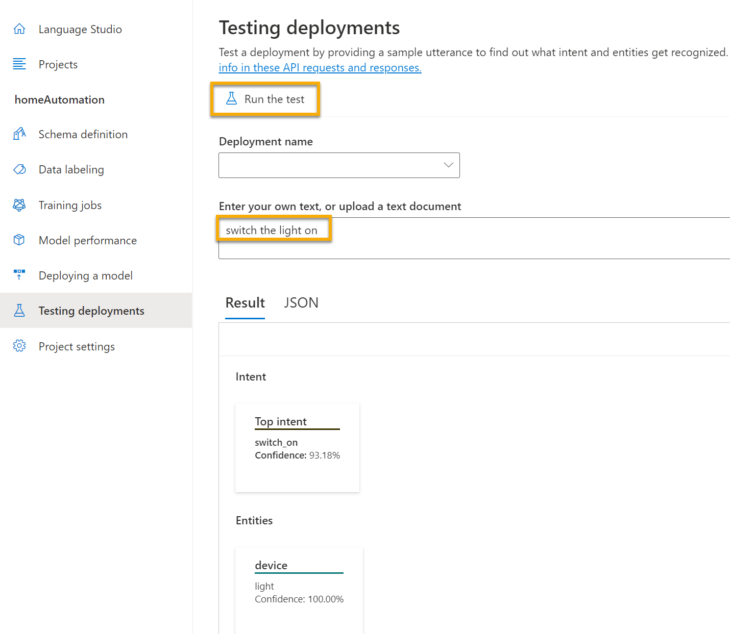 Test your model by selecting your deployed model, then entering text and selecting Run the test.