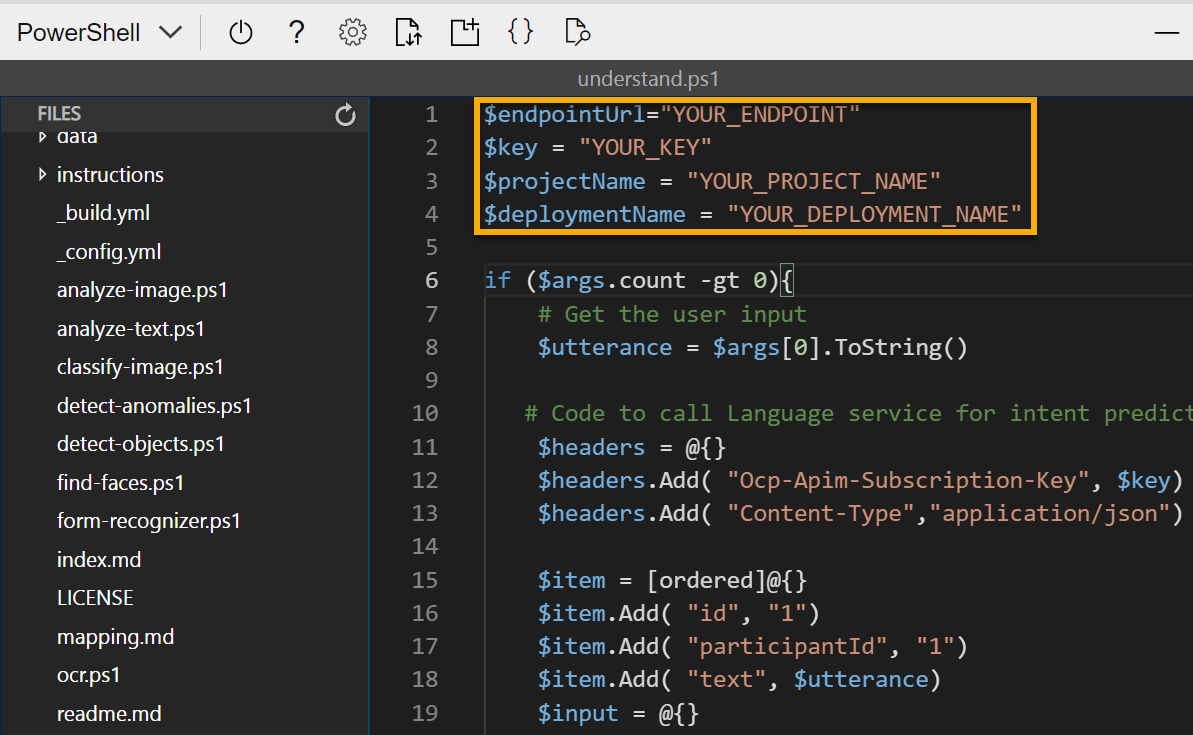 The code for the language understanding lab with box around credentials you need to modify and save before running the program.