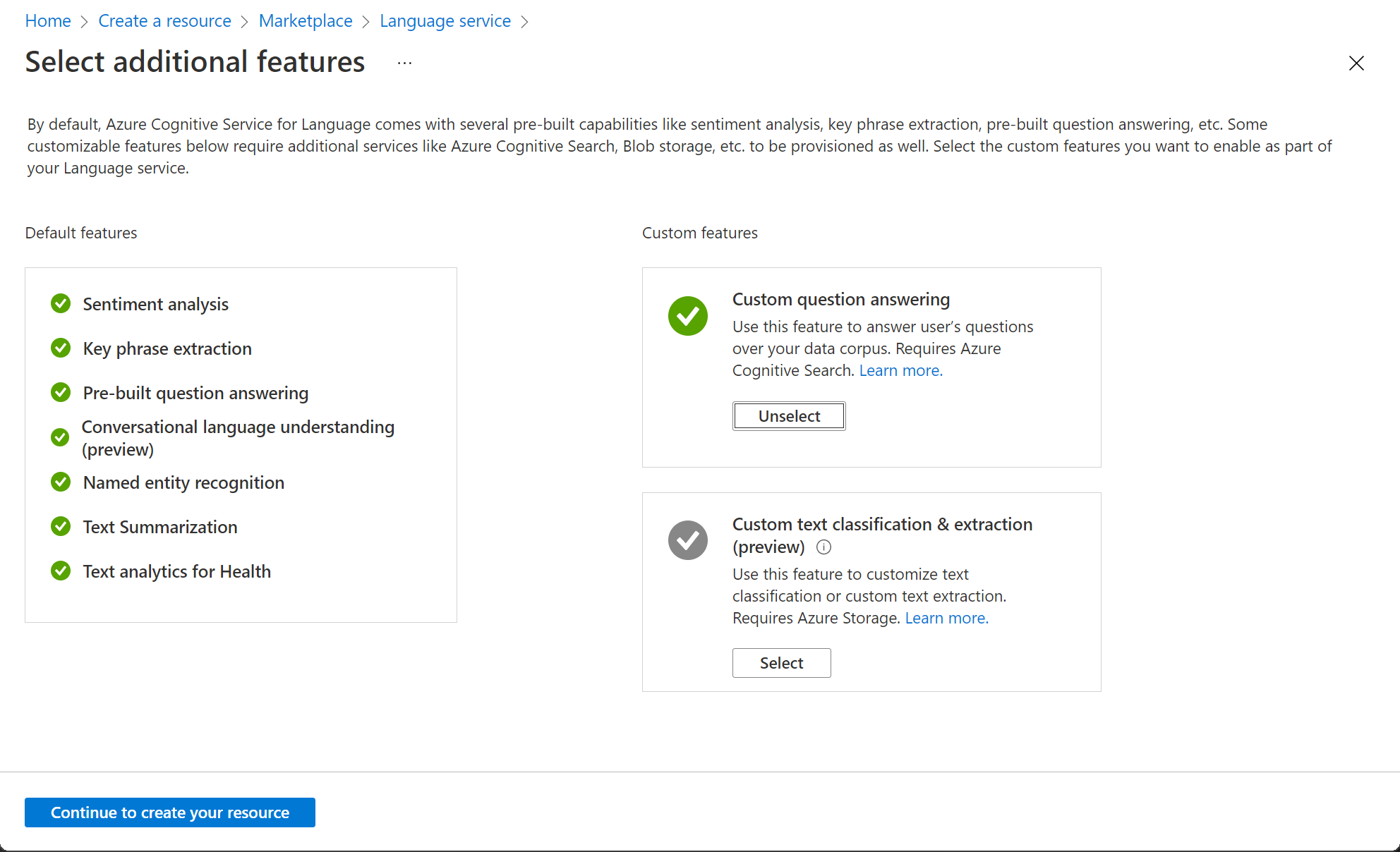 Creating a Language Service resource with custom question answering enabled.