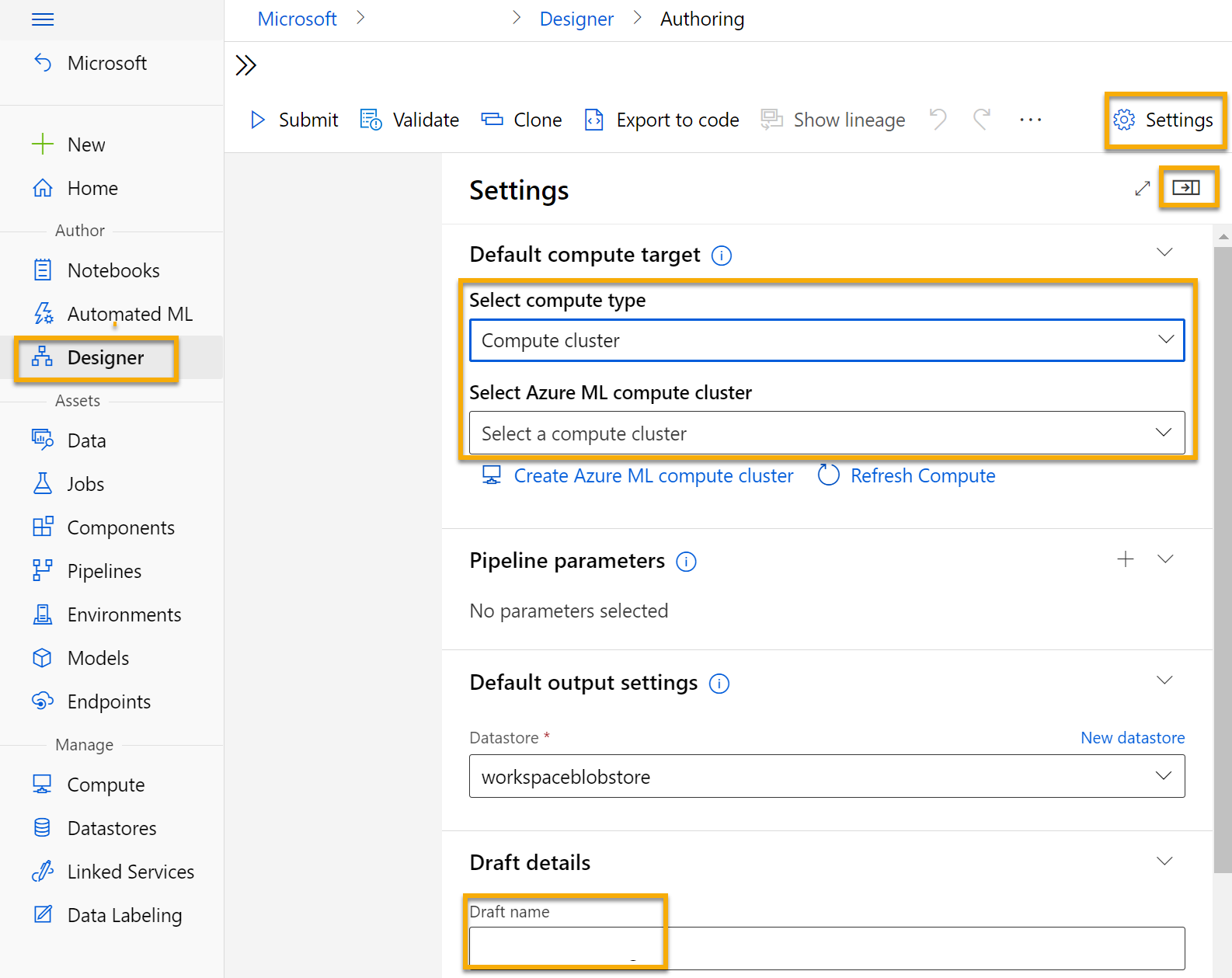 Screenshot of the Machine Learning Studio Settings pane.