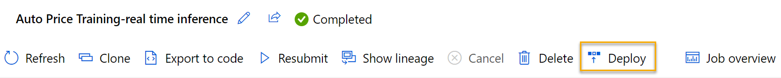 Screenshot of the deploy button for your Predict Auto Price inference pipeline.