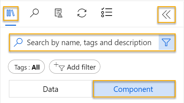 Screenshot of location of designer asset library, search bar, and components icon.