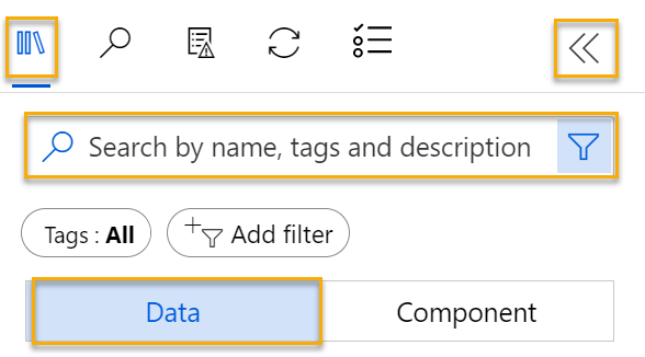 Screenshot of location of designer asset library, search bar, and data icon.