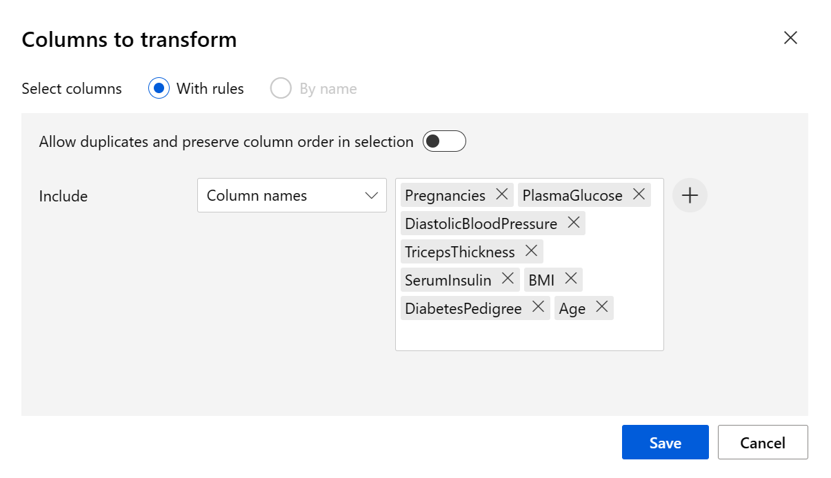 Screenshot of the columns selected for normalization.
