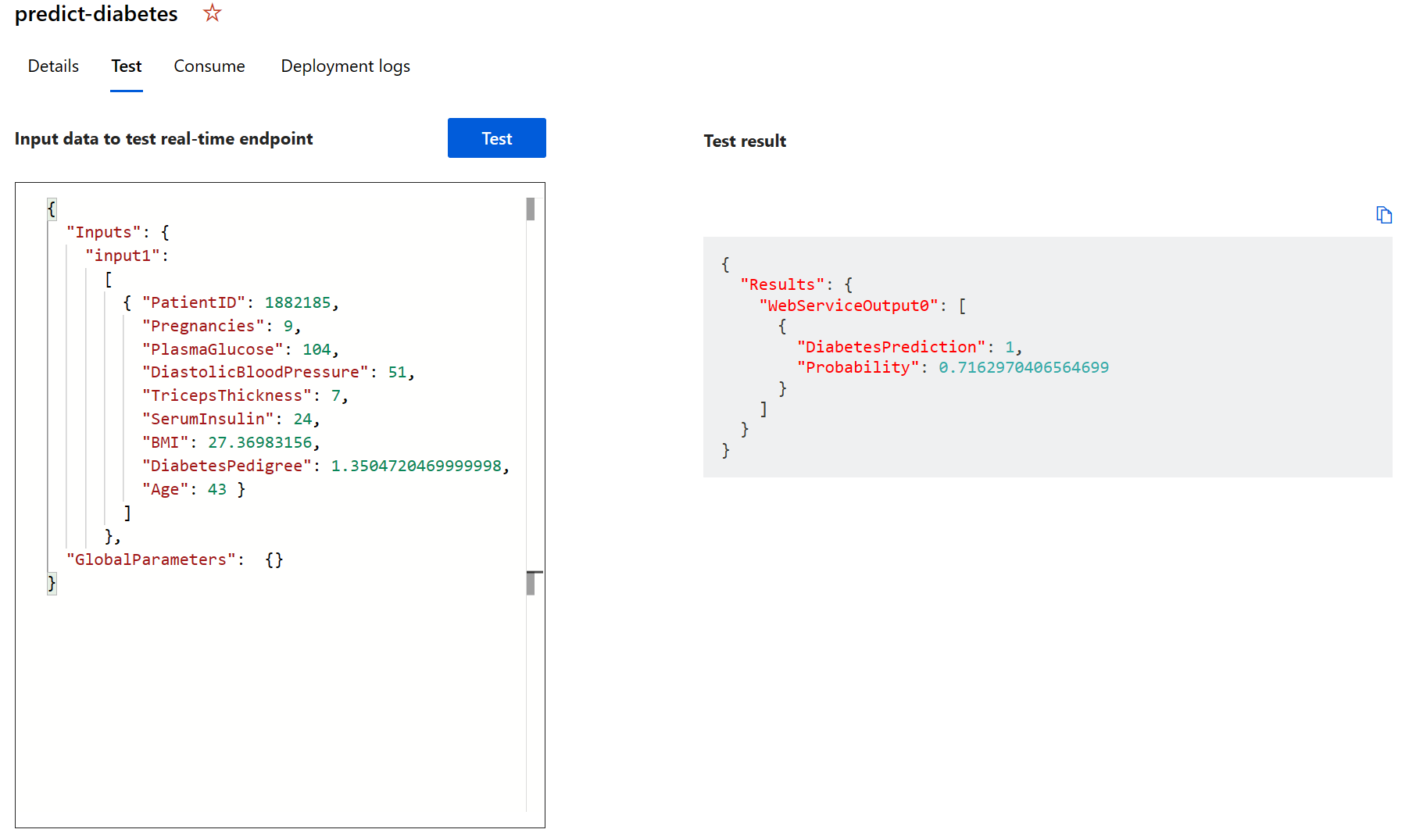 Screenshot of the Test pane.