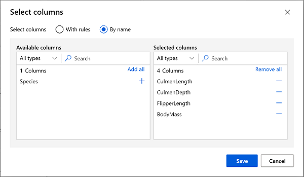 Screenshot of how to include the column names CulmenLength, CulmenDepth, FlipperLength, and BodyMass.