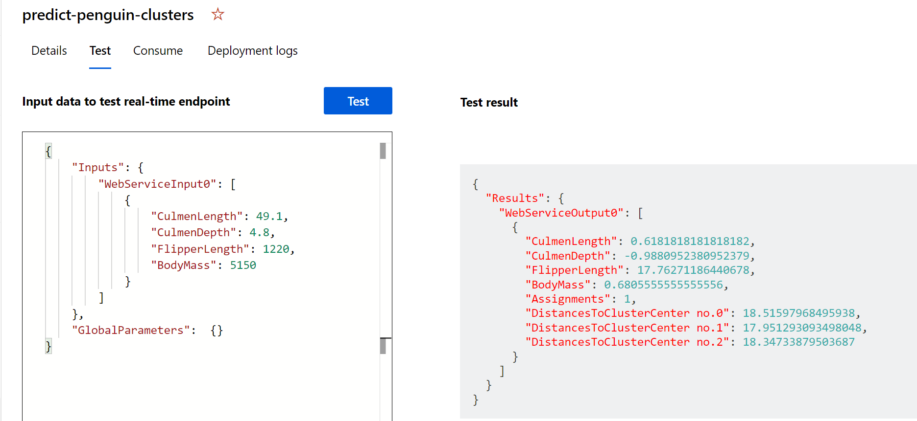 Screenshot of the Test pane with sample test result.