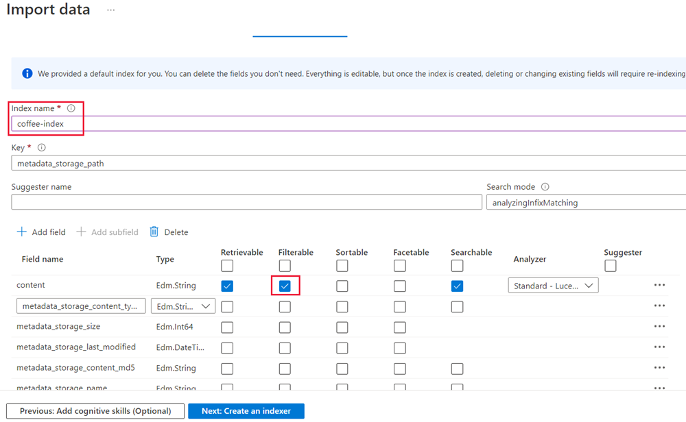 Screenshot that shows the customize index pane with the index name entered and 'Filterable' selected for a default index field.