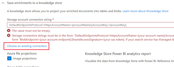 Screenshot that shows the Storage account connection screen warning with 'Choose an existing connection' selected.