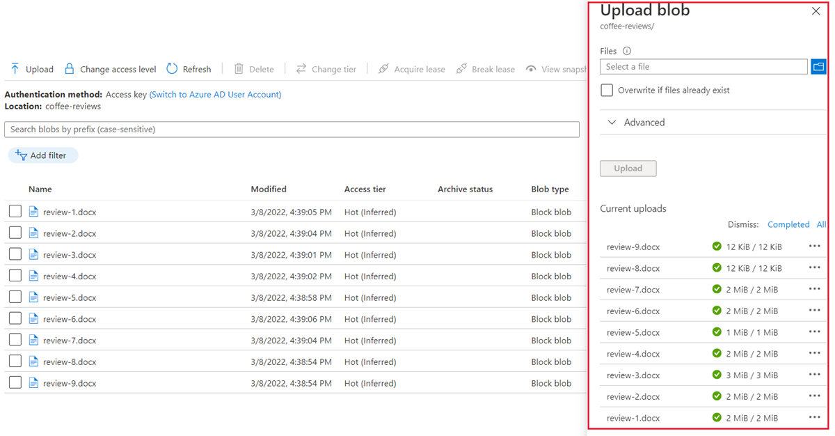 Screenshot that shows the files uploaded to the Azure container.