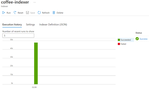 Screenshot that shows the coffee-indexer Indexer successfully created.