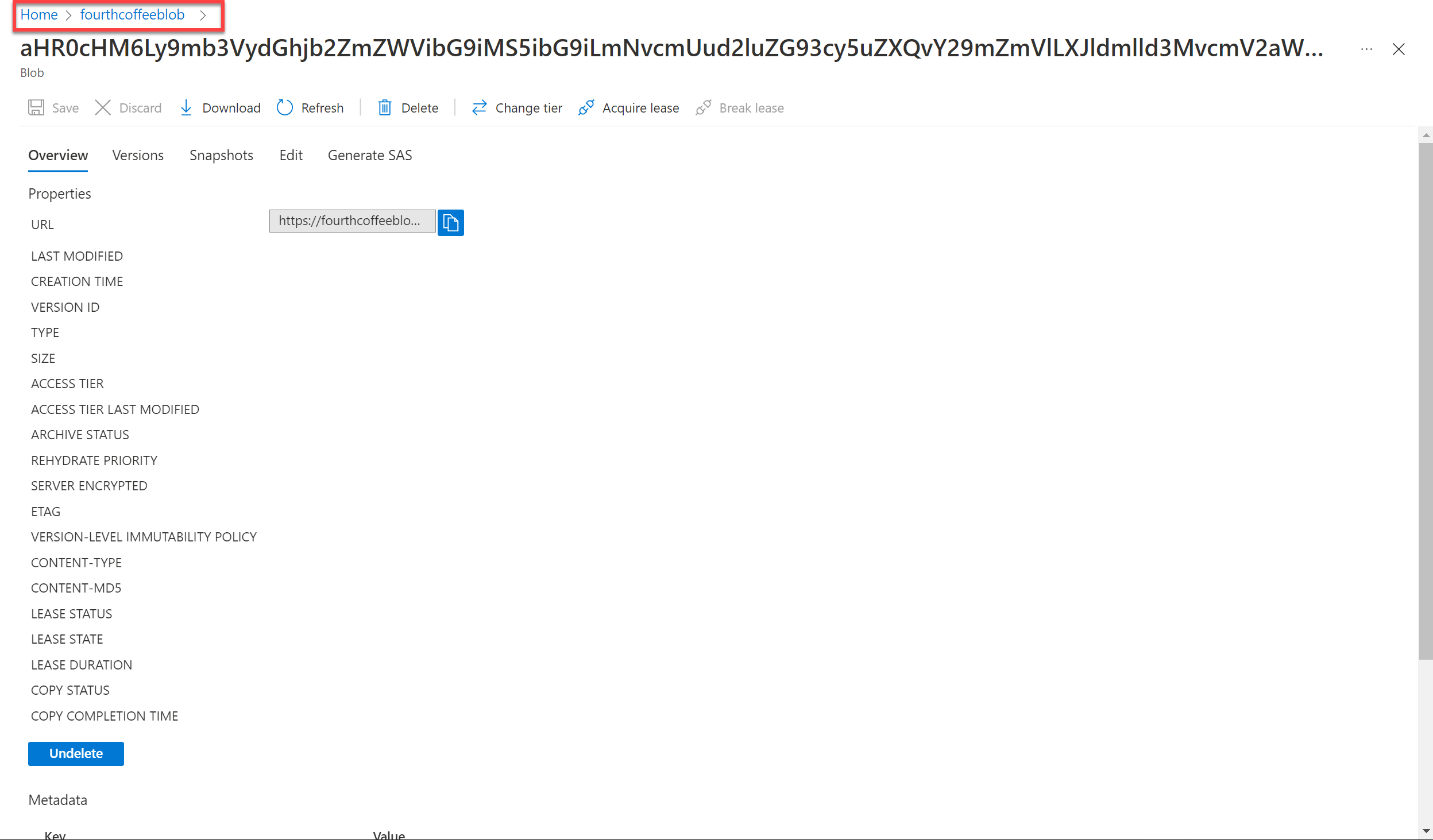 Screenshot of the storage blob breadcrumb.
