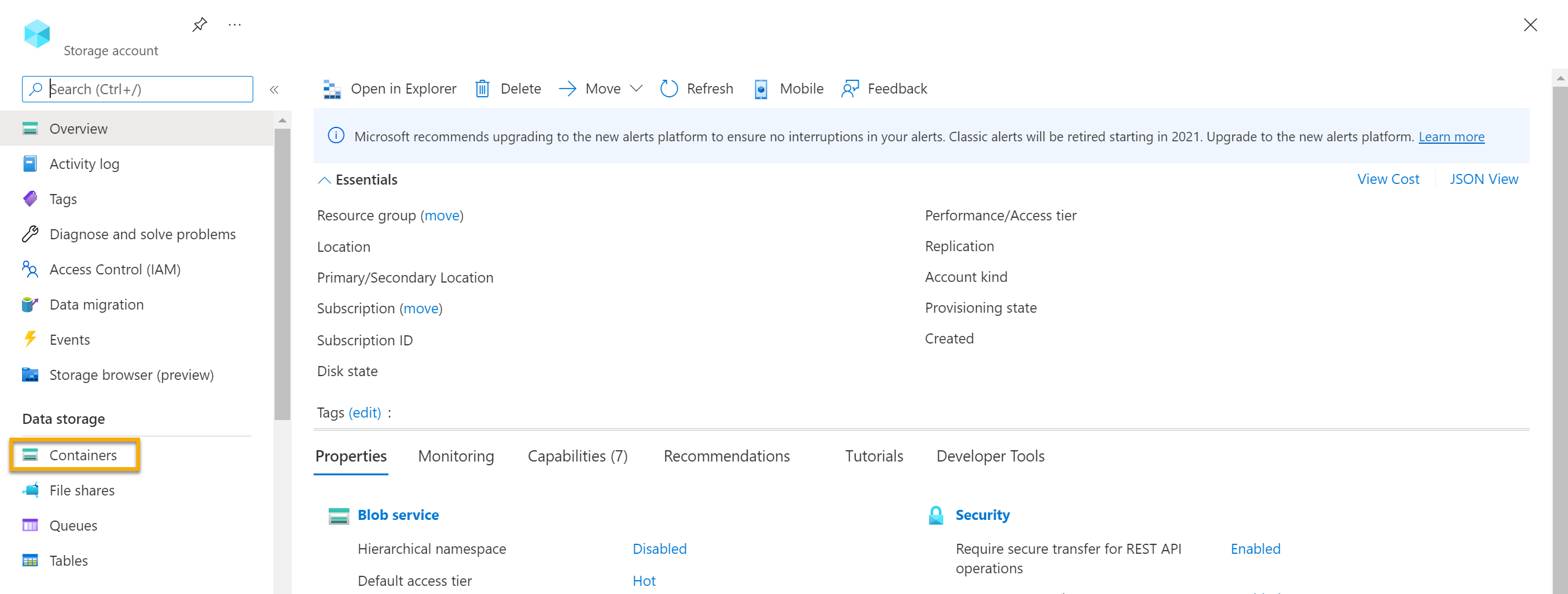Screenshot that shows the storage blob overview page.