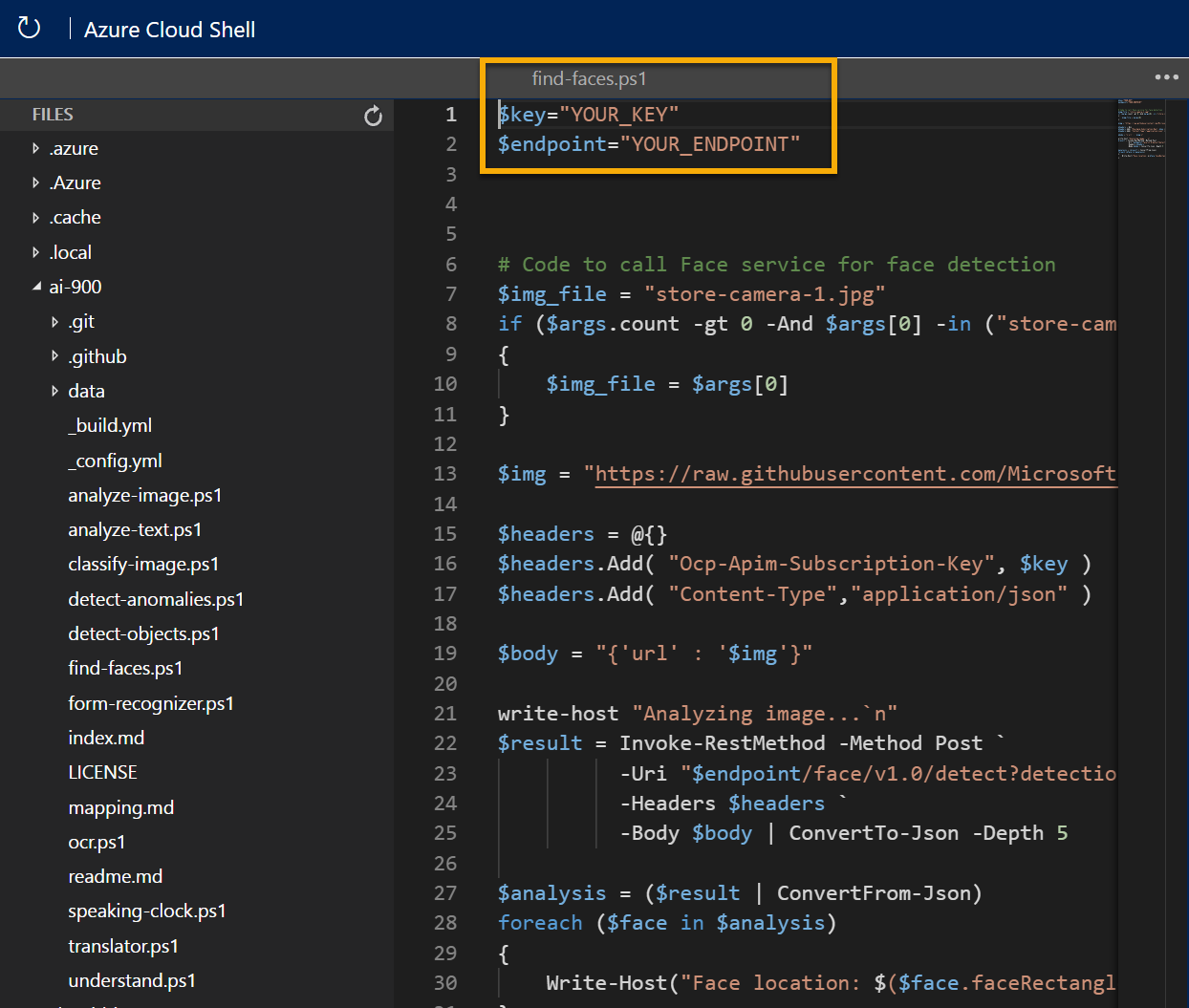 The editor containing code to detect faces in an image