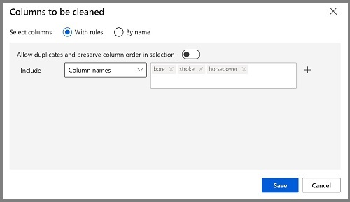 Screenshot of how bore, stroke, and horsepower columns are selected.