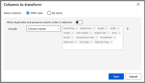 Screenshot showing how all numeric columns other than price are selected.