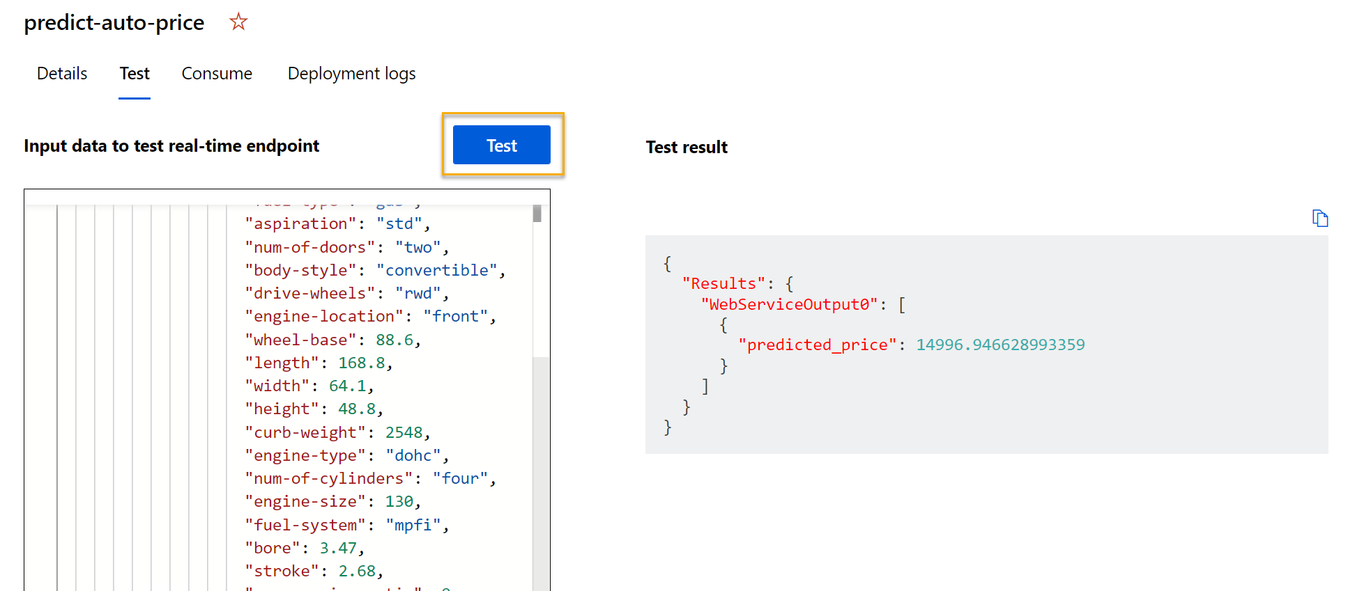 Screenshot of the Test pane.