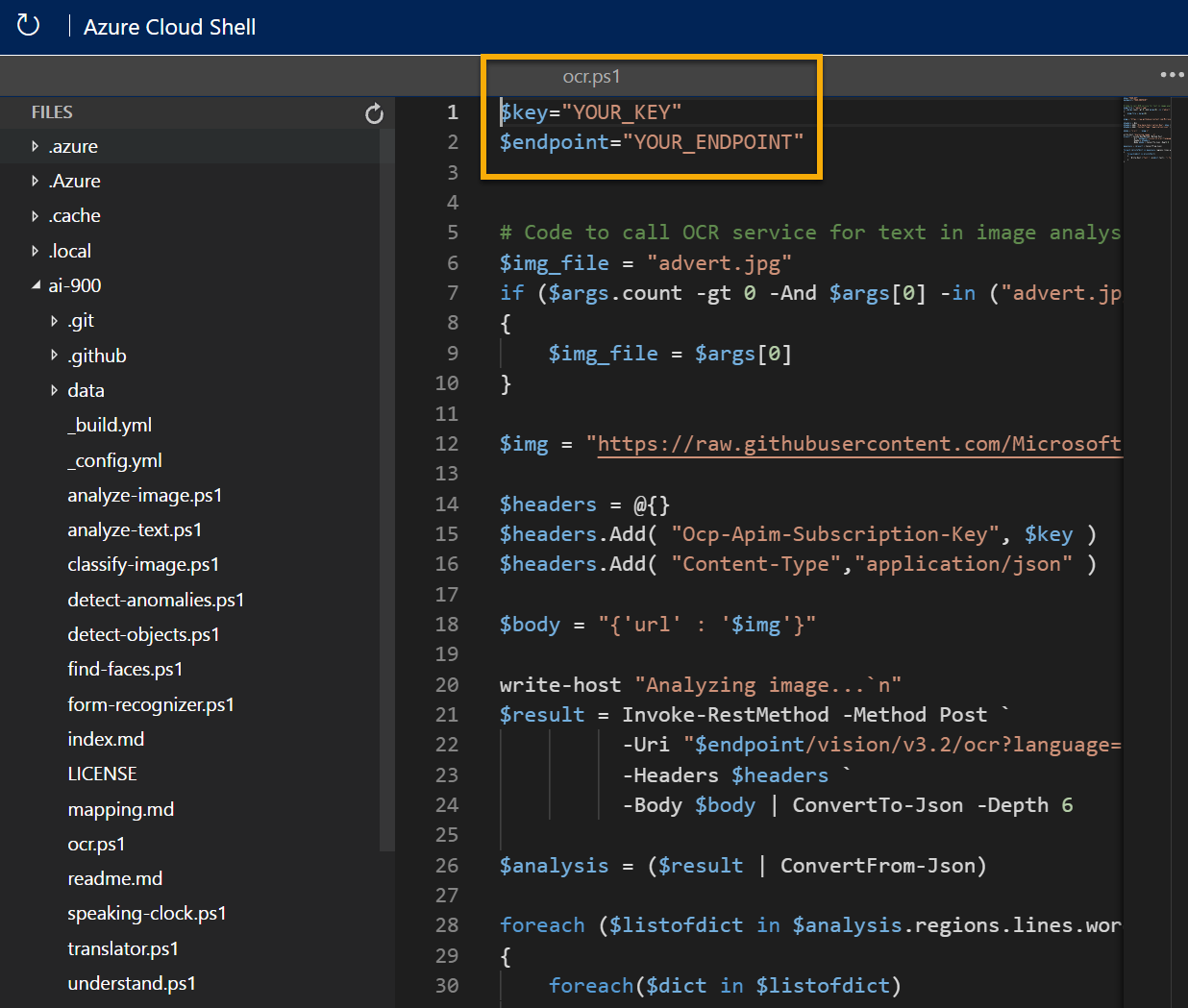 The editor containing code to analyze text in images.