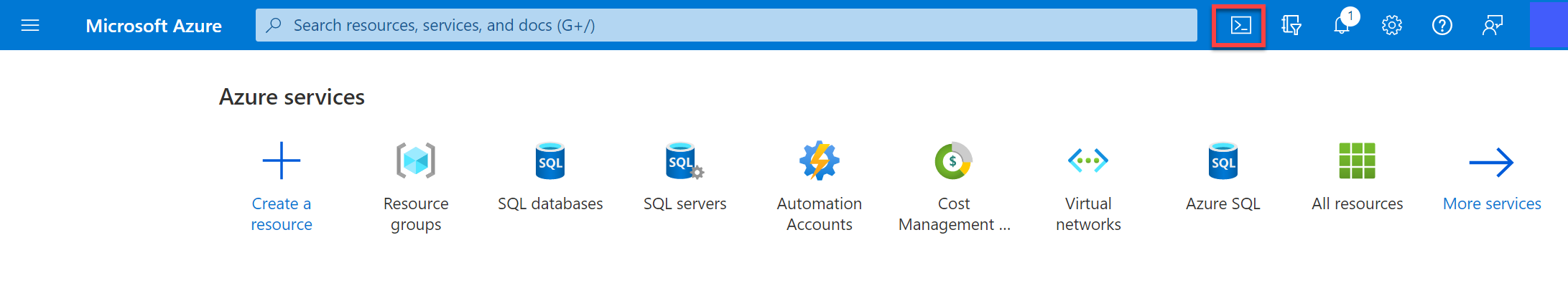 Start Cloud Shell by clicking on the icon to the right of the top search box
