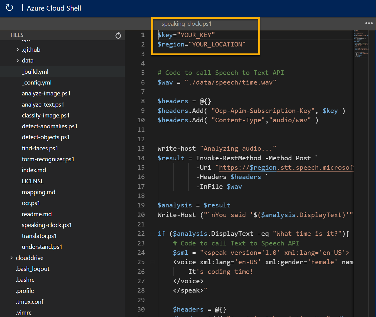 The editor containing code to use the Speech service