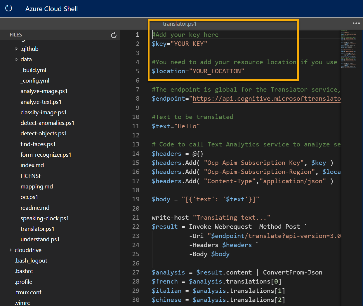 The editor containing code to use the Translator service