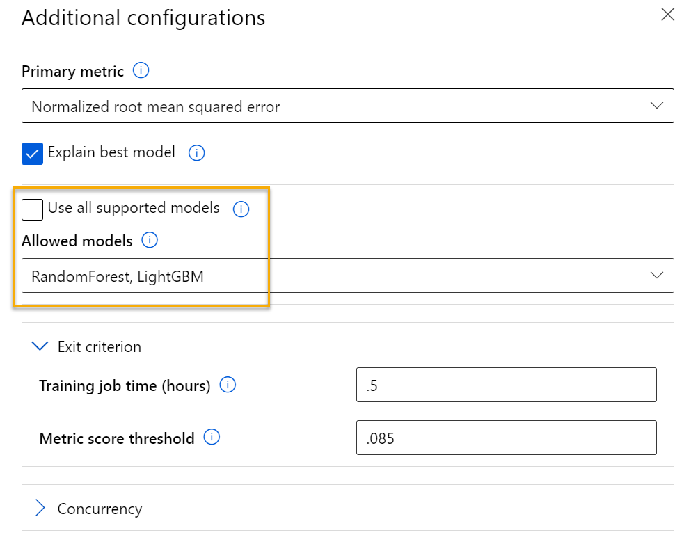 Screenshot of additional configurations with a box around the allowed models.