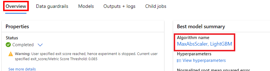 Screenshot of the best model summary with a box around the algorithm name on the details tab.