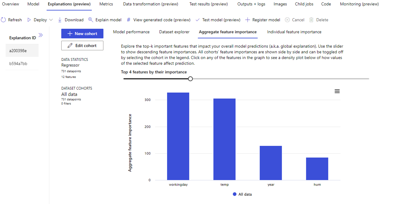 Screenshot of the feature importance chart on the Explanations tab.