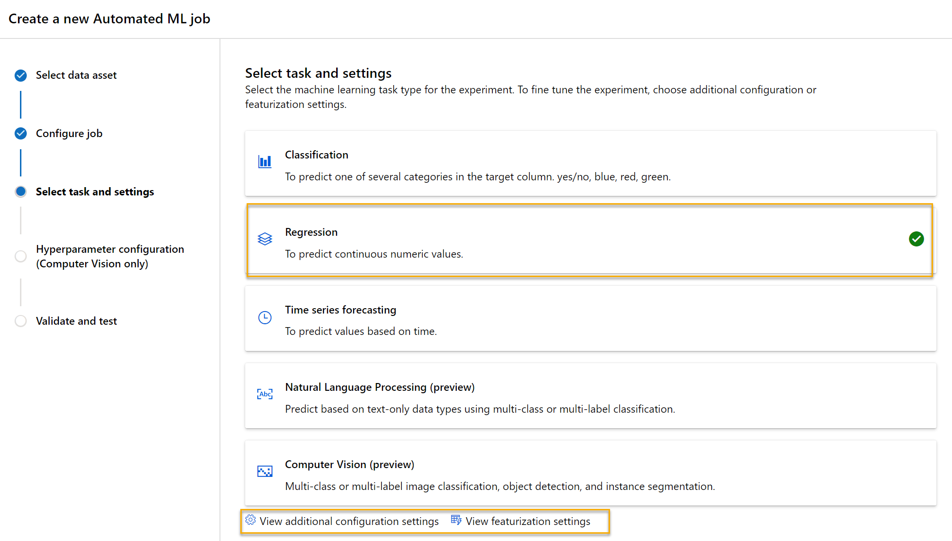 Screenshot of a selection pane with boxes around the Regression task type and additional configuration settings.