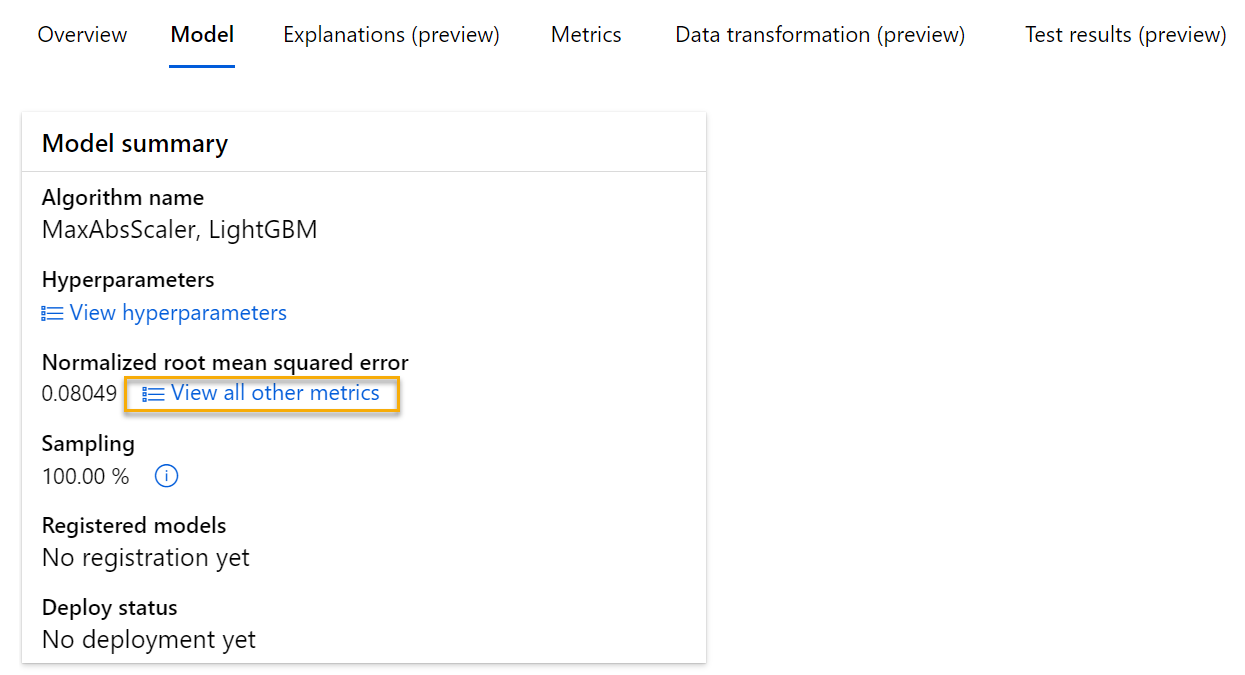 Screenshot of how to locate view all other metrics on the Model tab.