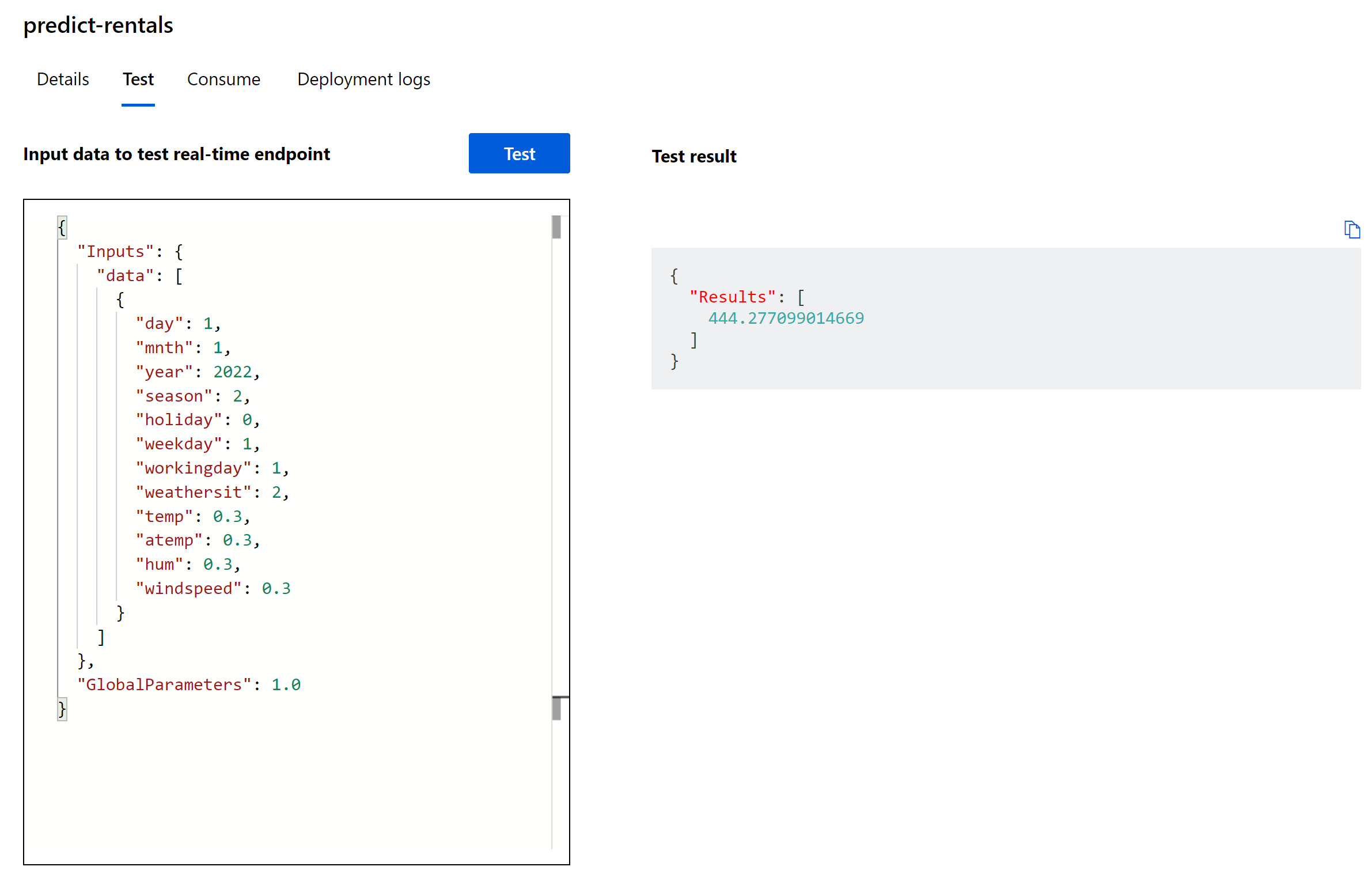 Screenshot of an example of testing the model with sample data in the test tab.