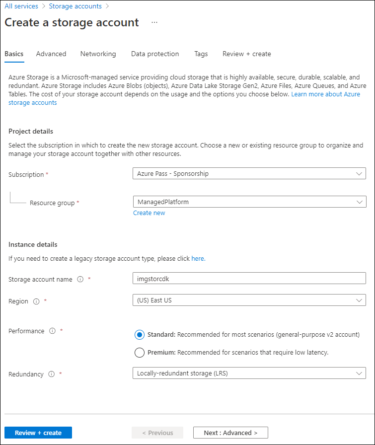 Create a storage account blade