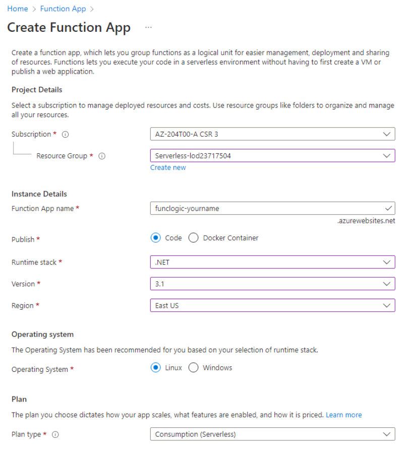 Screenshot displaying the configured settings on the Create Function App blade