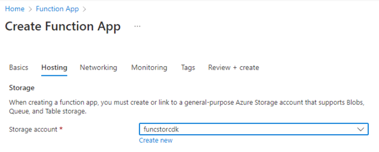 Screenshot displaying the configured settings on the Hosting tab on the Create Function App blade 