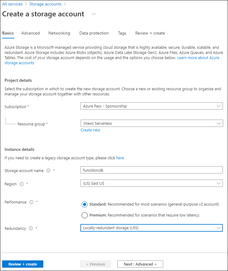 Screenshot displaying the configured settings on the Create a storage account blade