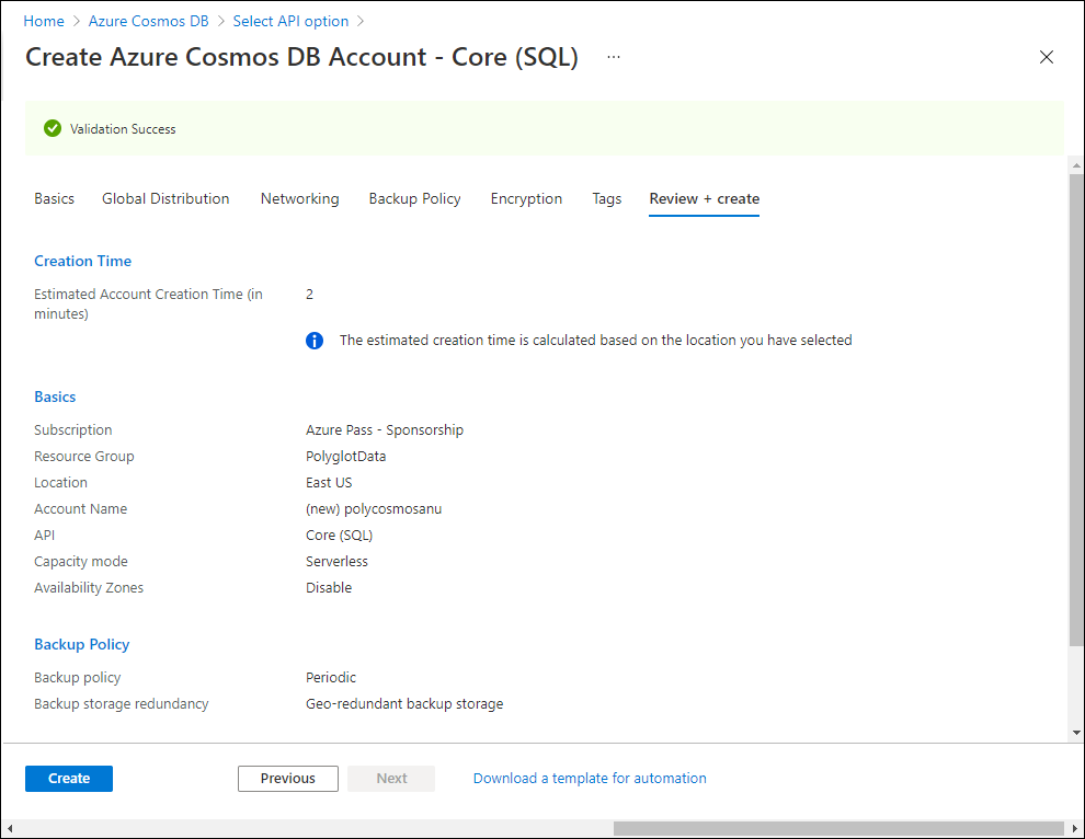 Screenshot displaying the options configured for creating an Azure Cosmos DB account