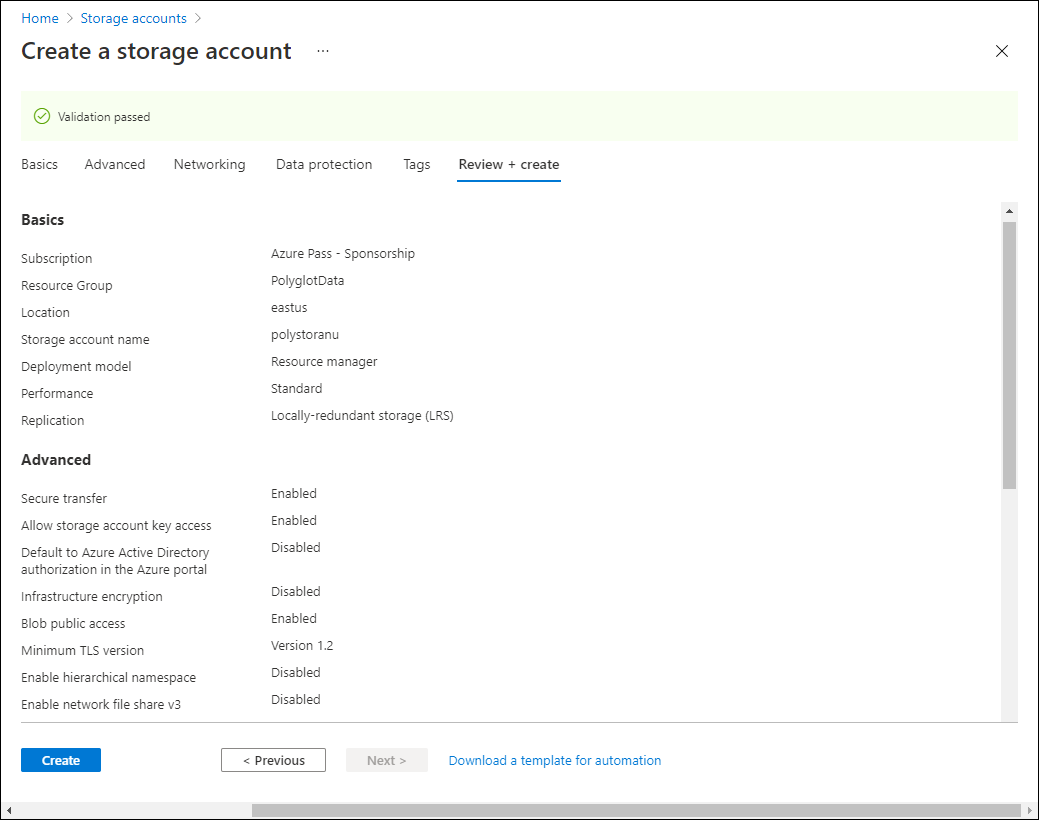 Screenshot displaying the options configured for creating an Azure storage account