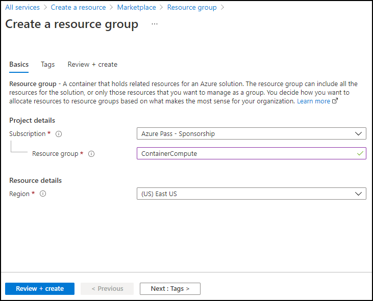 Create a resource group blade