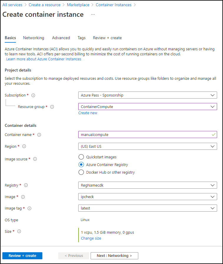 Create container instance blade