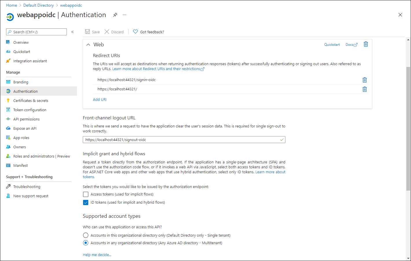 Screenshot displaying the options configured on the App registration blade.