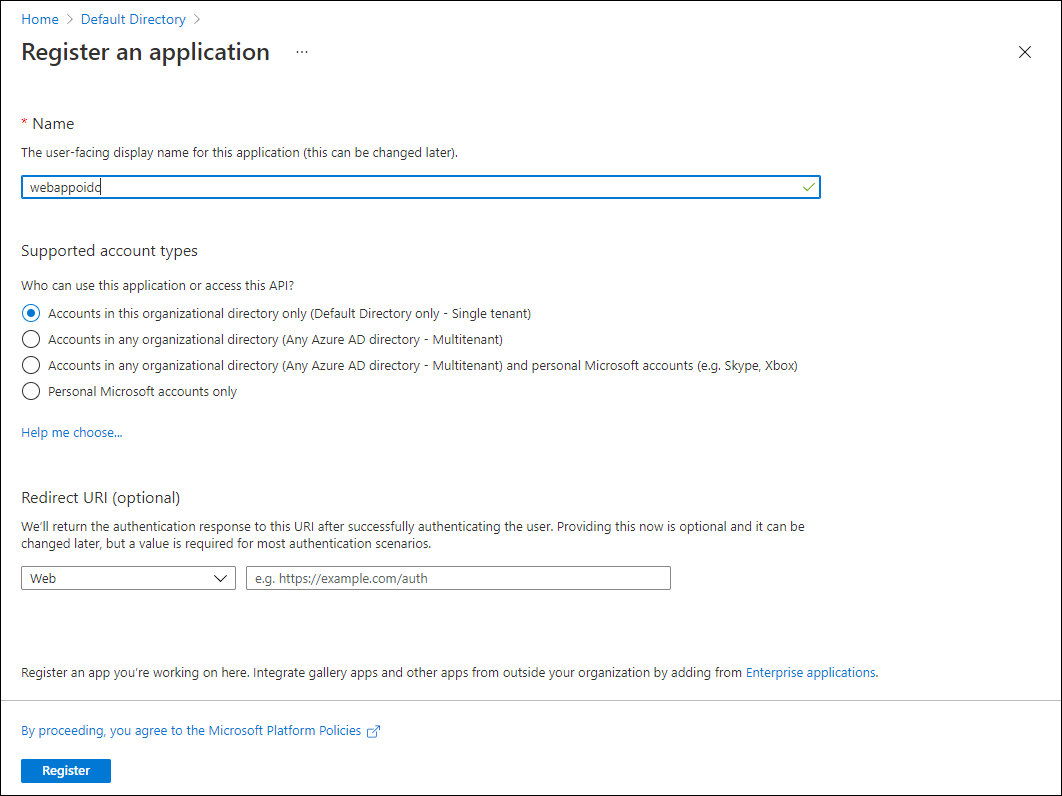 Screenshot displaying the options configured to register an application.