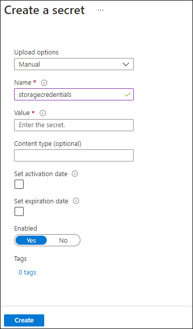 Screenshot displaying the configured settings on the Create a secret blade 