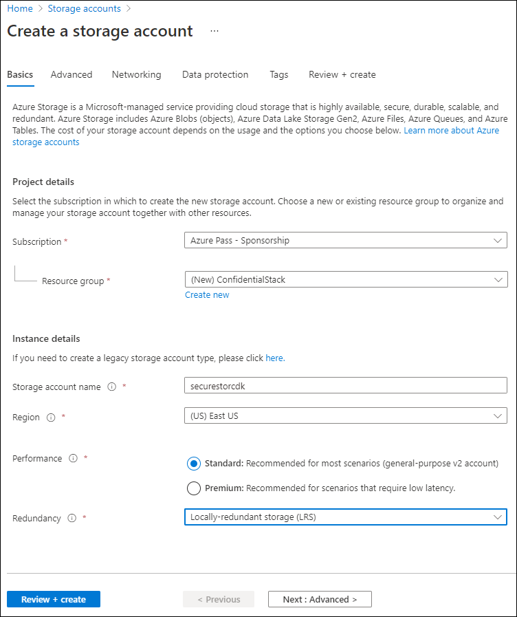 Screenshot displaying the configured settings on the Create a storage account blade