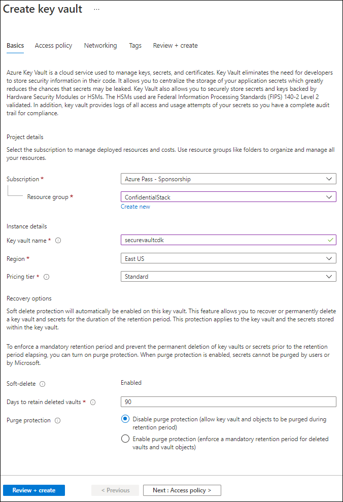 Screenshot displaying the configured settings on the Create key vault blade