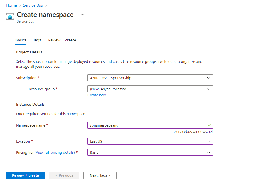 Create an Azure Service Bus namespace blade